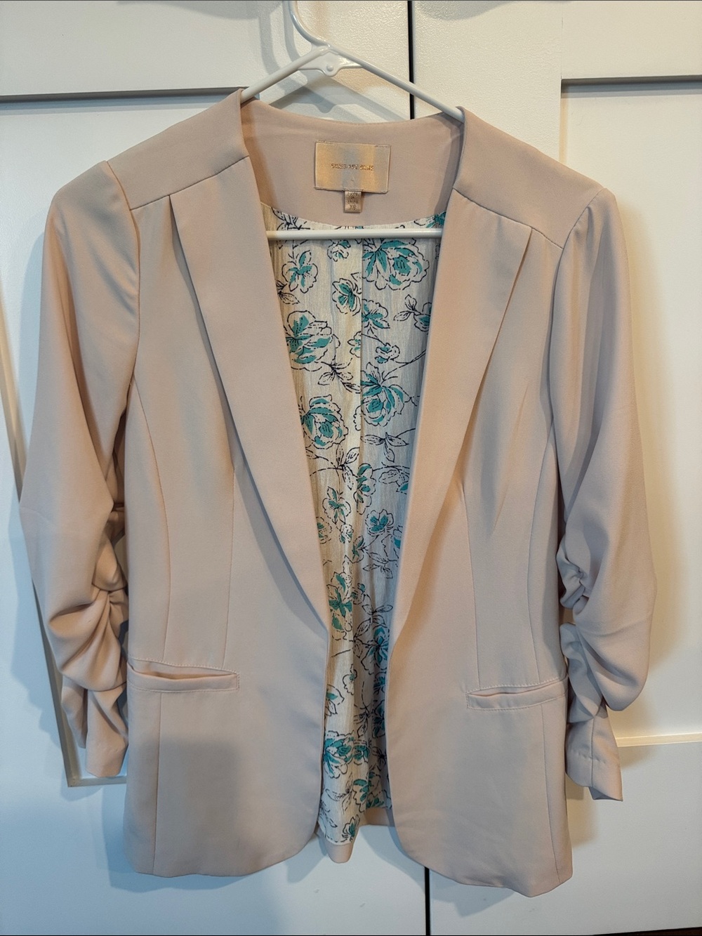 Skies Are Blue Light Taupe Open-Front Blazer with Floral Lining